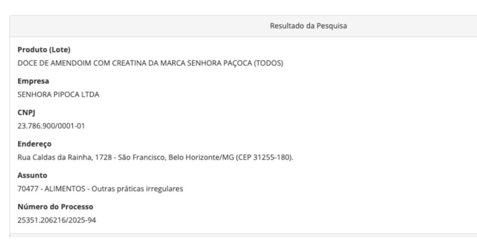 Medida da Anvisa contra lotes do Doce de Amendoim com Creatina (Foto: Reprodução / site oficial) Medida da Anvisa contra lotes do Doce de Amendoim com Creatina (Foto: Reprodução / site oficial)