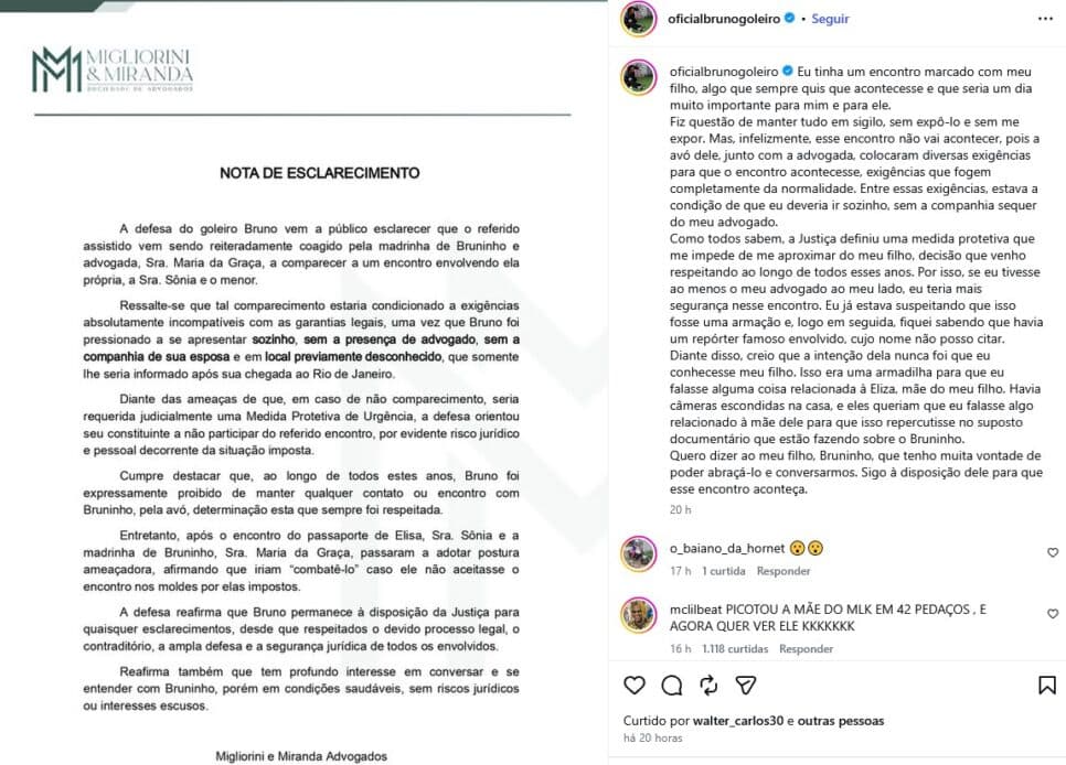 Equipe de Bruno se pronuncia (Foto: Reprodução / Instagram)