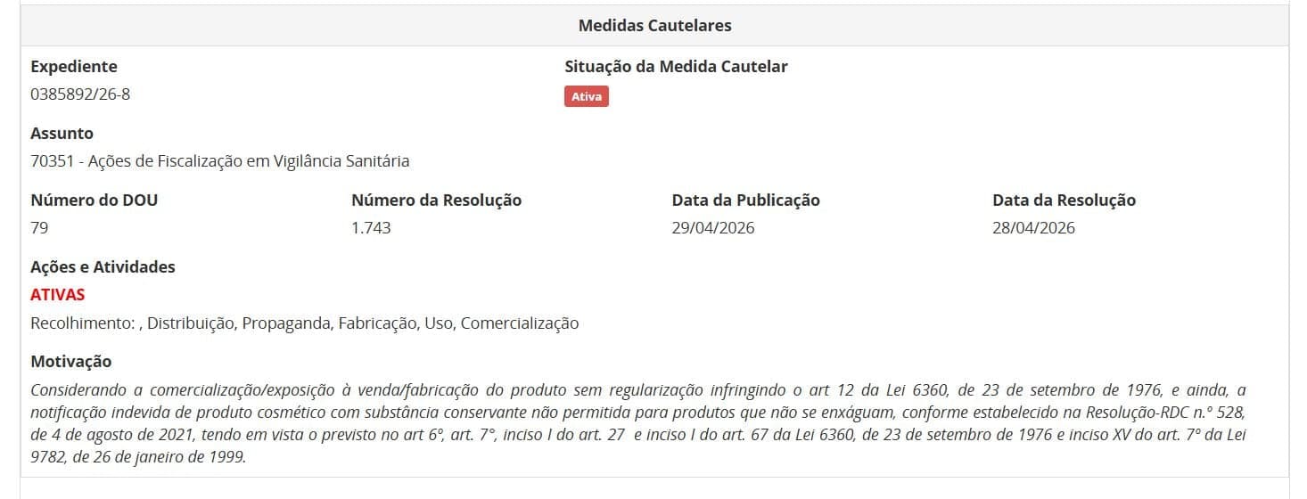 Medida da ANVISA contra tônico parte 1 (Foto Reprodução/ANVISA) Medida da ANVISA contra tônico parte 1 (Foto Reprodução/ANVISA)