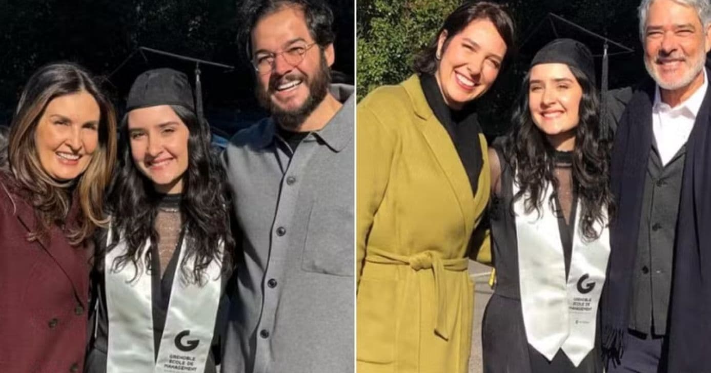 Laura Boener com sua mãe e Túlio/ com seu pai e Natasha em cliques públicos, feitos durante sua formatura (Foto Reprodução/Instagram)