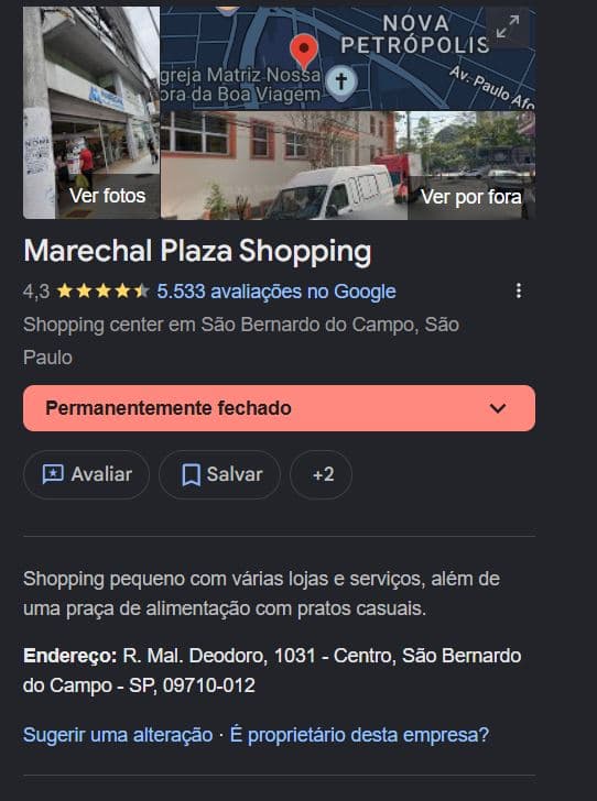 Status do Marechal Plaza Shopping no Google Maps (Foto Reprodução/Maps) Status do Marechal Plaza Shopping no Google Maps (Foto Reprodução/Maps)