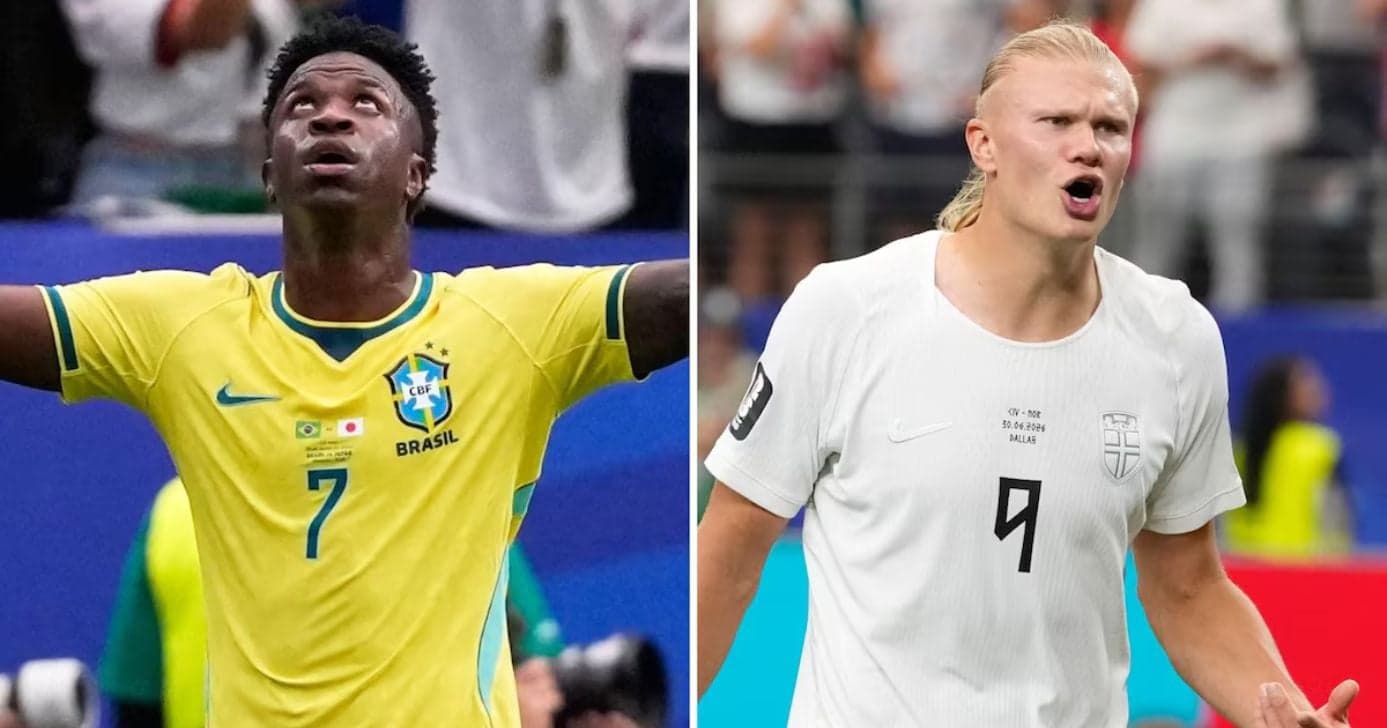 Vini Jr e Haaland são as estrelas de Brasil x Noruega na Coa do Mundo (Foto: Montagem: David J. Phillip/AP Photo e Tony Gutierrez/AP Photo)