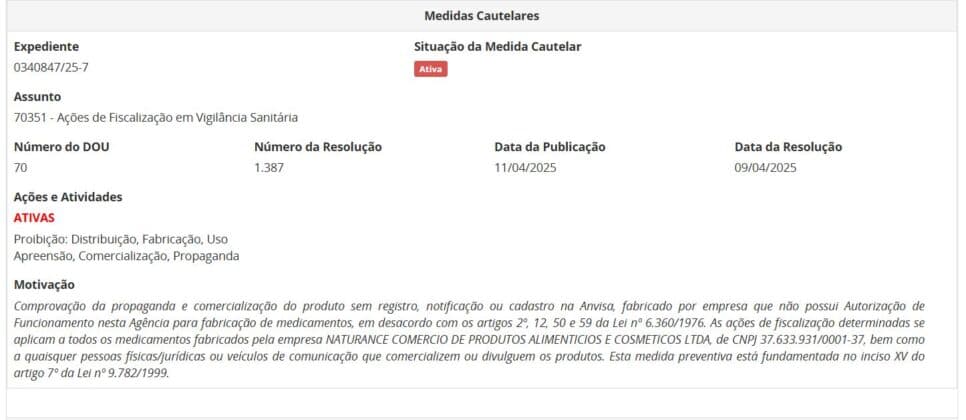 Resolução da ANVISA pt 1 contra lotes de colágeno (Foto Reprodução/ANVISA) Resolução da ANVISA pt 1 contra lotes de colágeno (Foto Reprodução/ANVISA)