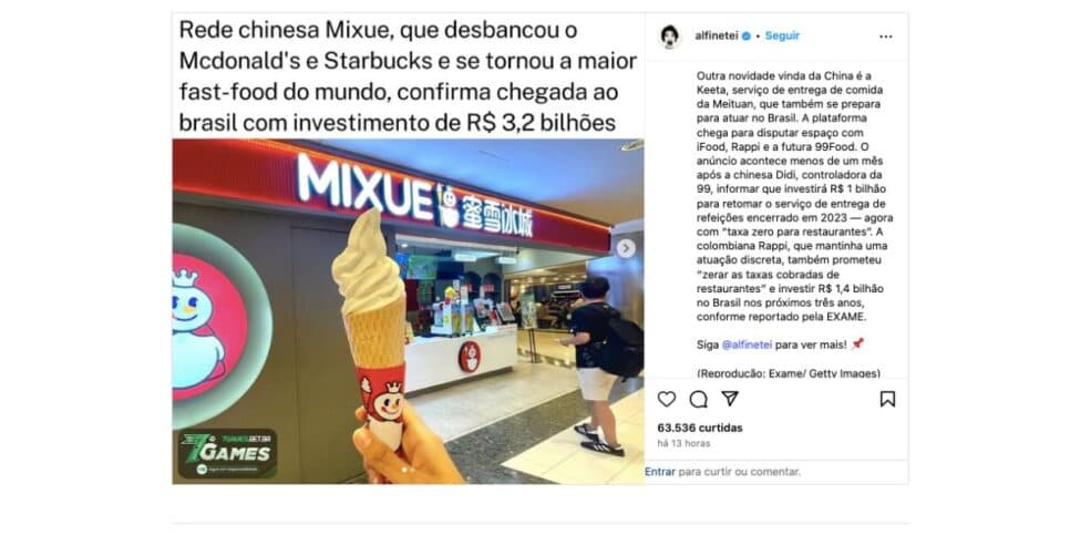 Mixue Ice Cream & Tea (Foto: Reprodução / Instagram) Mixue Ice Cream & Tea (Foto: Reprodução / Instagram)