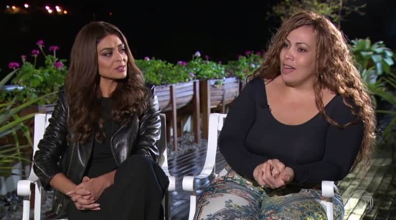 Juliana Paes e Fabiana Escobar em entrevista ao Fantástico; escritora quer participar de A Fazenda na Record (Foto: Reprodução/Globo) Juliana Paes e Fabiana Escobar em entrevista ao Fantástico; escritora quer participar de A Fazenda na Record (Foto: Reprodução/Globo)