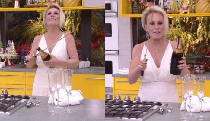 Ana Maria Braga abre garrafa de vinho com espada (Foto: Reprodução/ TV Globo) Ana Maria Braga abre garrafa de vinho com espada (Foto: Reprodução/ TV Globo)