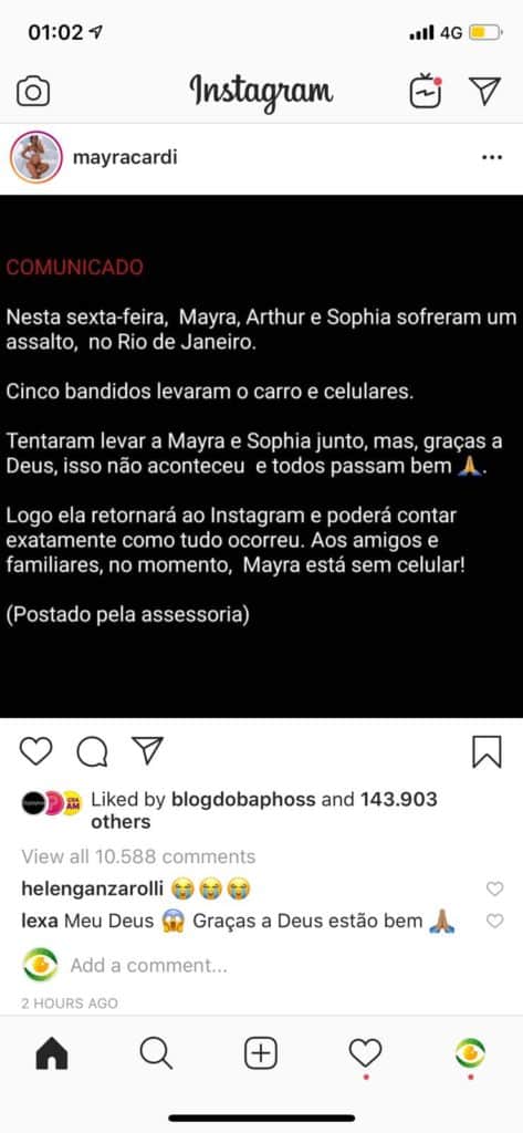 Mensagem após tentativa de sequestro foi publicada no perfil de Mayra Cardi pela assessoria e apagado na sequência Mensagem após tentativa de sequestro foi publicada no perfil de Mayra Cardi pela assessoria e apagado na sequência
