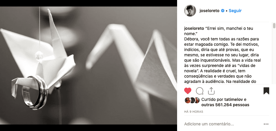 Post de José Loreto para Debora Nascimento no instagram Post de José Loreto para Debora Nascimento no instagram