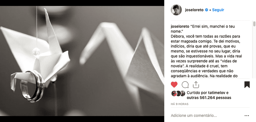 Post de José Loreto para Debora Nascimento no instagram Post de José Loreto para Debora Nascimento no instagram