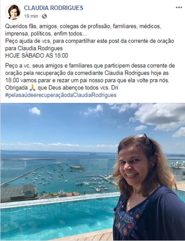 A empresária de Claudia Rodrigues correu para as redes sociais para pedir orações (Foto: Reprodução/Facebook) A empresária de Claudia Rodrigues correu para as redes sociais para pedir orações (Foto: Reprodução/Facebook)