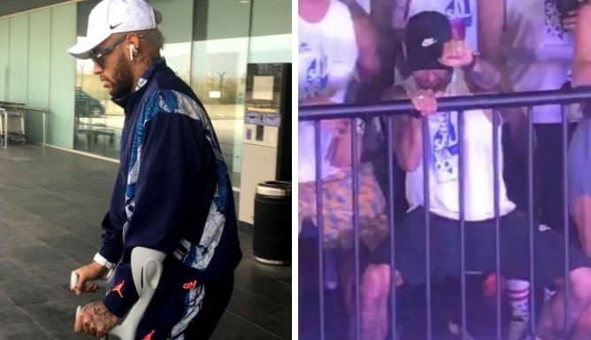 Neymar usando muletas e dias depois caiu na folia (Foto: Reprodução) Neymar usando muletas e dias depois caiu na folia (Foto: Reprodução)