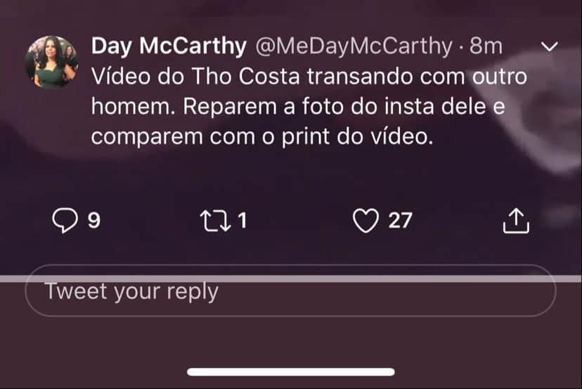 Thomaz Costa é atacado por Day Mccarthy nas redes sociais Thomaz Costa é atacado por Day Mccarthy nas redes sociais