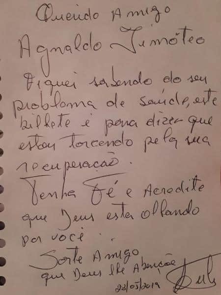 Bilhete escrito por Lula para o amigo, o cantor Agnaldo Timóteo (Foto: Reprodução) Bilhete escrito por Lula para o amigo, o cantor Agnaldo Timóteo (Foto: Reprodução)