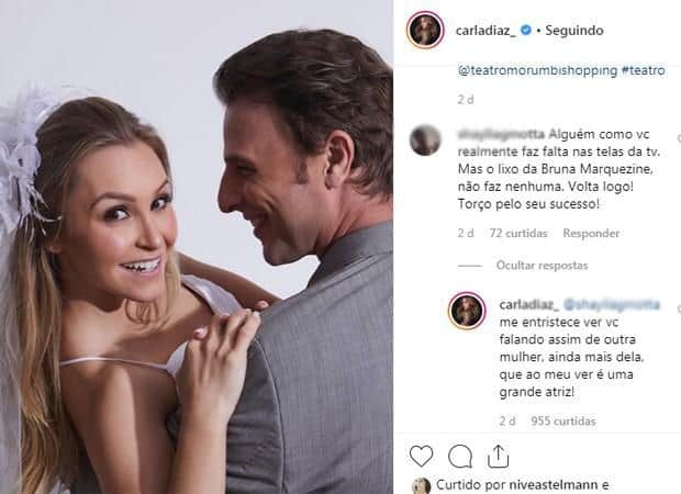 Carla Diaz discute com fã e enaltece atriz da Globo, Bruna Marquezine Carla Diaz discute com fã e enaltece atriz da Globo, Bruna Marquezine