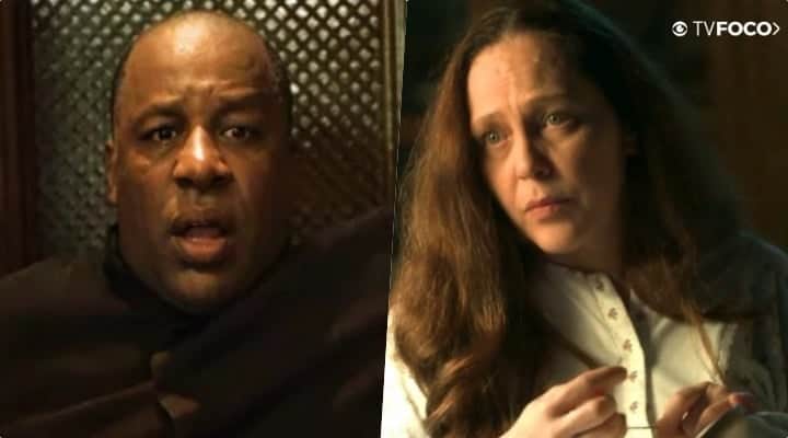 Na reta final de O Sétimo Guardião, Padre Ramiro (Aílton Graça) fica assustado com Judith (Isabela Garcia) na Globo Na reta final de O Sétimo Guardião, Padre Ramiro (Aílton Graça) fica assustado com Judith (Isabela Garcia) na Globo