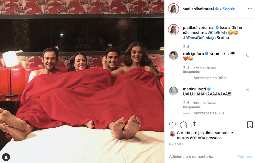 Paolla Oliveira, Juliana Paes, Sergio Guizé e Reynaldo Gianecchini nas gravações de A Dona do Pedaço na Globo Foto: Reprodução Paolla Oliveira, Juliana Paes, Sergio Guizé e Reynaldo Gianecchini nas gravações de A Dona do Pedaço na Globo Foto: Reprodução