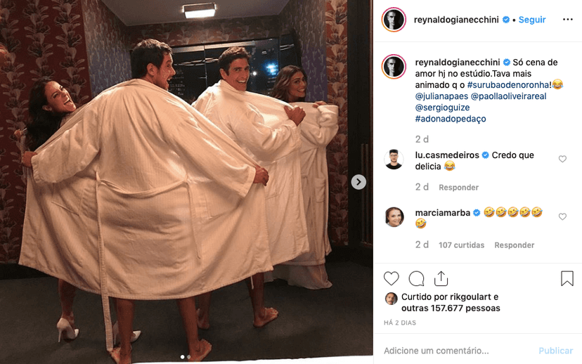 Paolla Oliveira, Juliana Paes, Sergio Guizé e Reynaldo Gianecchini nas gravações de A Dona do Pedaço na Globo Foto: Reprodução Paolla Oliveira, Juliana Paes, Sergio Guizé e Reynaldo Gianecchini nas gravações de A Dona do Pedaço na Globo Foto: Reprodução
