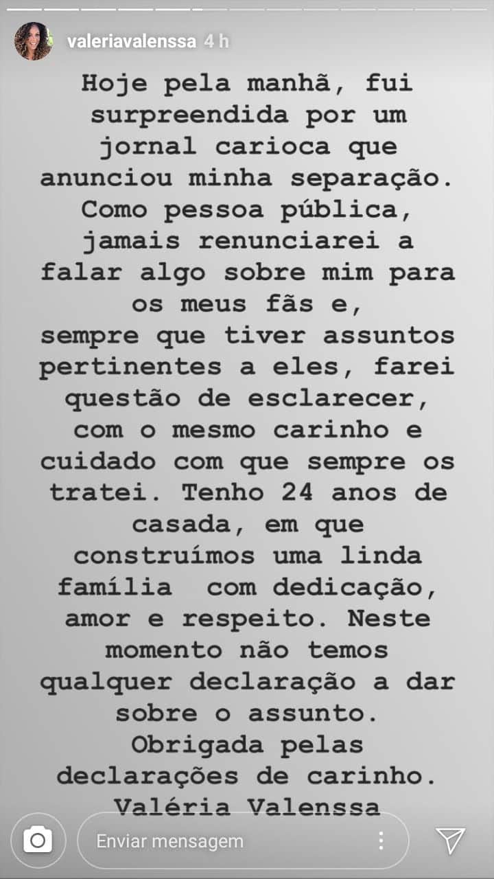 A ex dançarina da Globo, Valéria Valenssa postou storie no Instagram dizendo que os boatos de sua separação são falsos. - Foto: reprodução/instagram A ex dançarina da Globo, Valéria Valenssa postou storie no Instagram dizendo que os boatos de sua separação são falsos. - Foto: reprodução/instagram