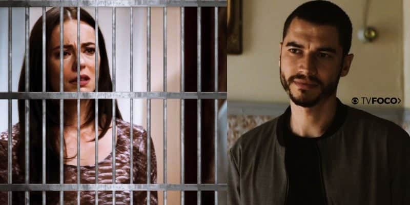 Em montagem feita pelo site TV Foco, a personagem Vivi de A Dona do Pedaço aparece atrás de grade e Camilo sorri satisfeito Em montagem feita pelo site TV Foco, a personagem Vivi de A Dona do Pedaço aparece atrás de grade e Camilo sorri satisfeito