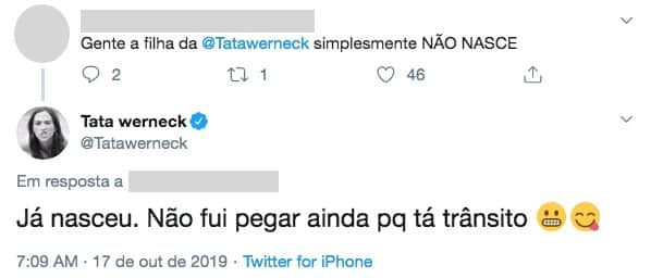 Tata Werneck dá resposta atravessada em internauta que reclamou sobre a demora do nascimento de sua filha. Foto: Reprodução Tata Werneck dá resposta atravessada em internauta que reclamou sobre a demora do nascimento de sua filha. Foto: Reprodução