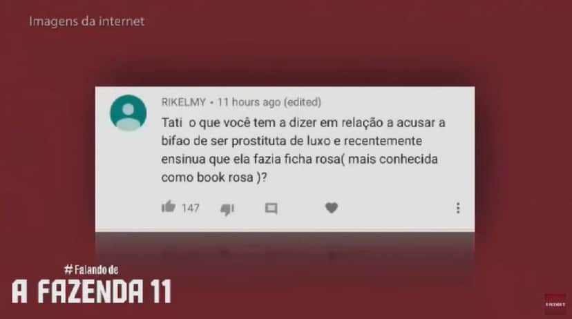 Tati Dias responde sobre a acusação de Bifão ser garota de programa que fez em A Fazenda 11 (Reprodução: YouTube) Tati Dias responde sobre a acusação de Bifão ser garota de programa que fez em A Fazenda 11 (Reprodução: YouTube)