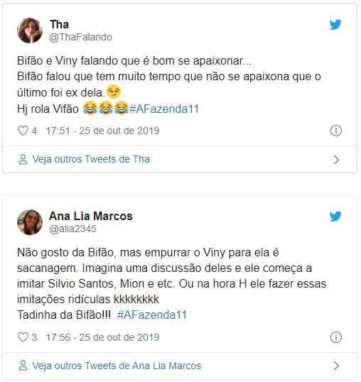 Internautas comentam sobre Bifão e Viny (Foto: Reprodução) Internautas comentam sobre Bifão e Viny (Foto: Reprodução)