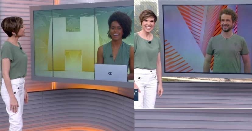 Gloria, Maju e Felipe Andreoli, jornalistas da Globo, vestiram roupas com as cores do Palmeiras na emissora (Foto: Reprodução/ Globoplay) Gloria, Maju e Felipe Andreoli, jornalistas da Globo, vestiram roupas com as cores do Palmeiras na emissora (Foto: Reprodução/ Globoplay)