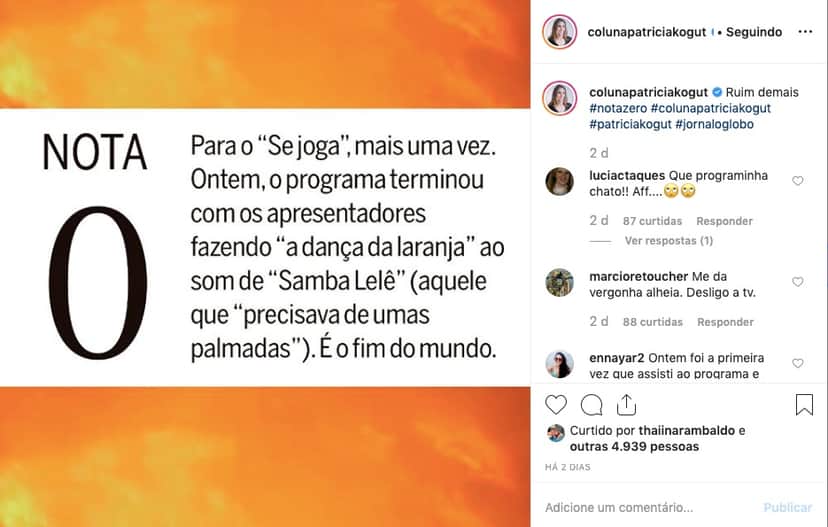 Patrícia Kogut detona Se Joga, apresentado por Fernanda Gentil. Foto: Reprodução Patrícia Kogut detona Se Joga, apresentado por Fernanda Gentil. Foto: Reprodução