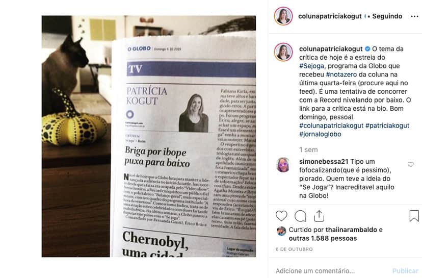 Patrícia Kogut detona Se Joga, apresentado por Fernanda Gentil. Foto: Reprodução Patrícia Kogut detona Se Joga, apresentado por Fernanda Gentil. Foto: Reprodução