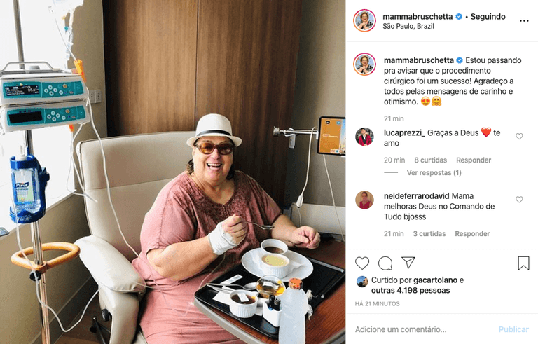 Com foto, Mamma Bruschetta tranquiliza fãs após cirurgia de retirada de tumor Foto:Instagram Com foto, Mamma Bruschetta tranquiliza fãs após cirurgia de retirada de tumor Foto:Instagram