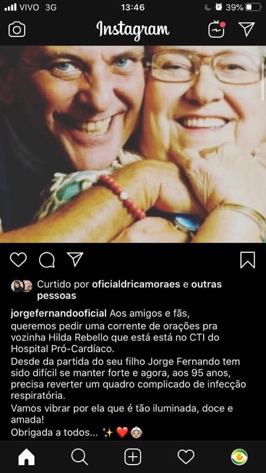 Dona Hilda Rebello está precisando de orações (Reprodução/Instagram) Dona Hilda Rebello está precisando de orações (Reprodução/Instagram)