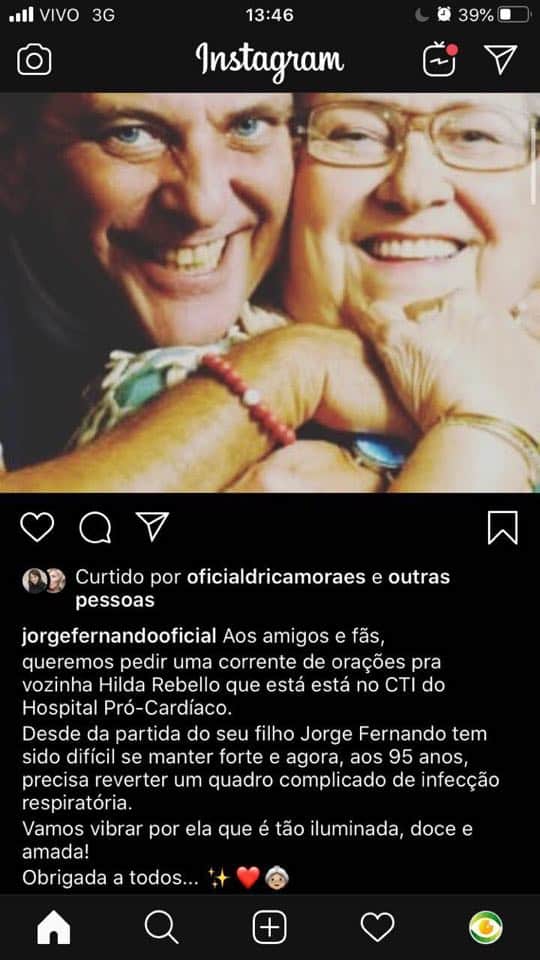 Dona Hilda Rebello está precisando de orações (Reprodução/Instagram) Dona Hilda Rebello está precisando de orações (Reprodução/Instagram)