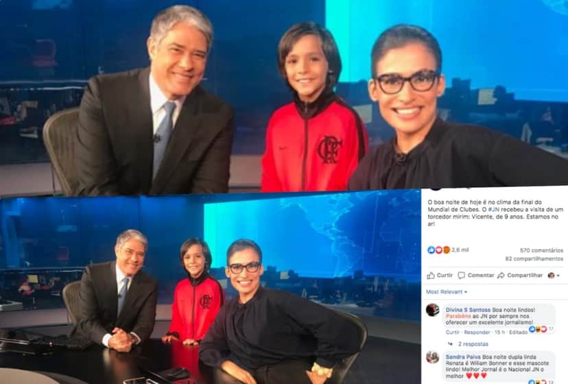 Jornal Nacional da Globo comandando por Renata e Bonner recebeu uma visita muito especial de um torcedor mirim (Foto reprodução) Jornal Nacional da Globo comandando por Renata e Bonner recebeu uma visita muito especial de um torcedor mirim (Foto reprodução)