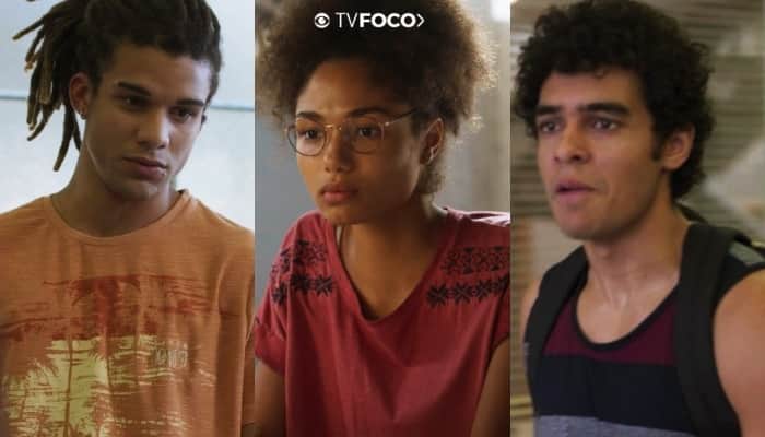 Fotomonagem do TV Foco dos personagens Waguinho, Alice e Luan sérios e tensos de Bom Sucesso Fotomonagem do TV Foco dos personagens Waguinho, Alice e Luan sérios e tensos de Bom Sucesso