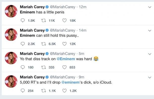 Tweets que geraram polêmica na conta de Mariah Carey (Foto: Reprodução) Tweets que geraram polêmica na conta de Mariah Carey (Foto: Reprodução)