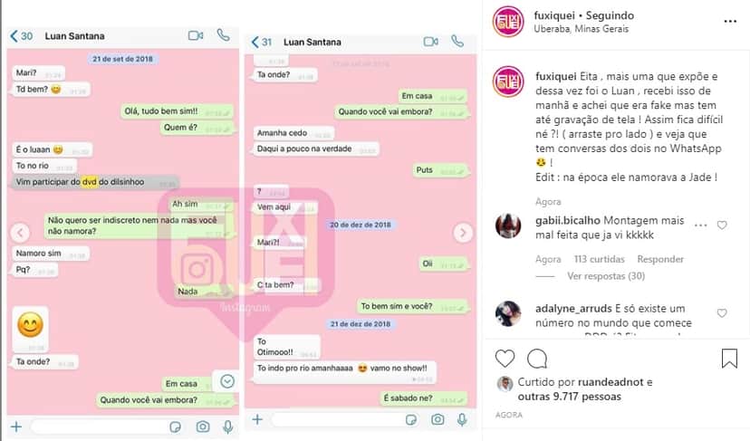 Prints da conversa de Luan Santana com Bogueira (Imagem: Instagram) Prints da conversa de Luan Santana com Bogueira (Imagem: Instagram)
