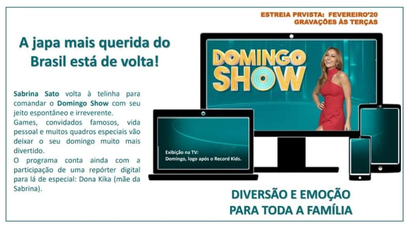 Material exclusivo de divulgação para o mercado publicitário do Domingo Show de Sabrina Sato que o TV Foco teve acesso (Foto reprodução) Material exclusivo de divulgação para o mercado publicitário do Domingo Show de Sabrina Sato que o TV Foco teve acesso (Foto reprodução)