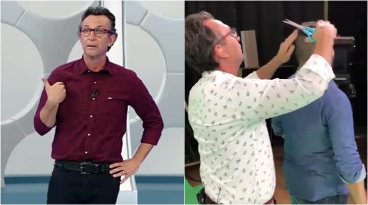Neto foi flagrado cortando cabelo de jornalista em Os Donos da Bola. (Foto: Montagem/Reprodução) Neto foi flagrado cortando cabelo de jornalista em Os Donos da Bola. (Foto: Montagem/Reprodução)