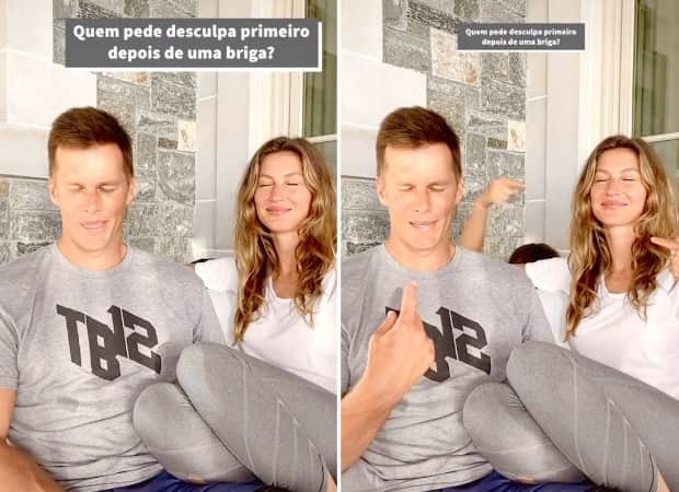 Momento em que Tom Brady e Gisele Bündchen realizam os questionamentos no TikTok (Foto: Reprodução) Momento em que Tom Brady e Gisele Bündchen realizam os questionamentos no TikTok (Foto: Reprodução)