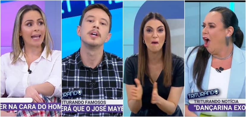 Os apresentadores do Triturando Ana Paula Renault, Gabriel Cartolano, Chris Flores e Flor, respectivamente (Reprodução) sbt Os apresentadores do Triturando Ana Paula Renault, Gabriel Cartolano, Chris Flores e Flor, respectivamente (Reprodução) sbt
