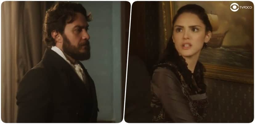 Fotomontagem de Thomas e Anna, personagens da novela de Novo Mundo se encarando vestindo roupas de época Fotomontagem de Thomas e Anna, personagens da novela de Novo Mundo se encarando vestindo roupas de época