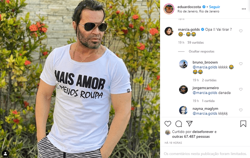 Eduardo Costa surgiu em foto com camiseta provocante e apresentadora famosa comentou Eduardo Costa surgiu em foto com camiseta provocante e apresentadora famosa comentou
