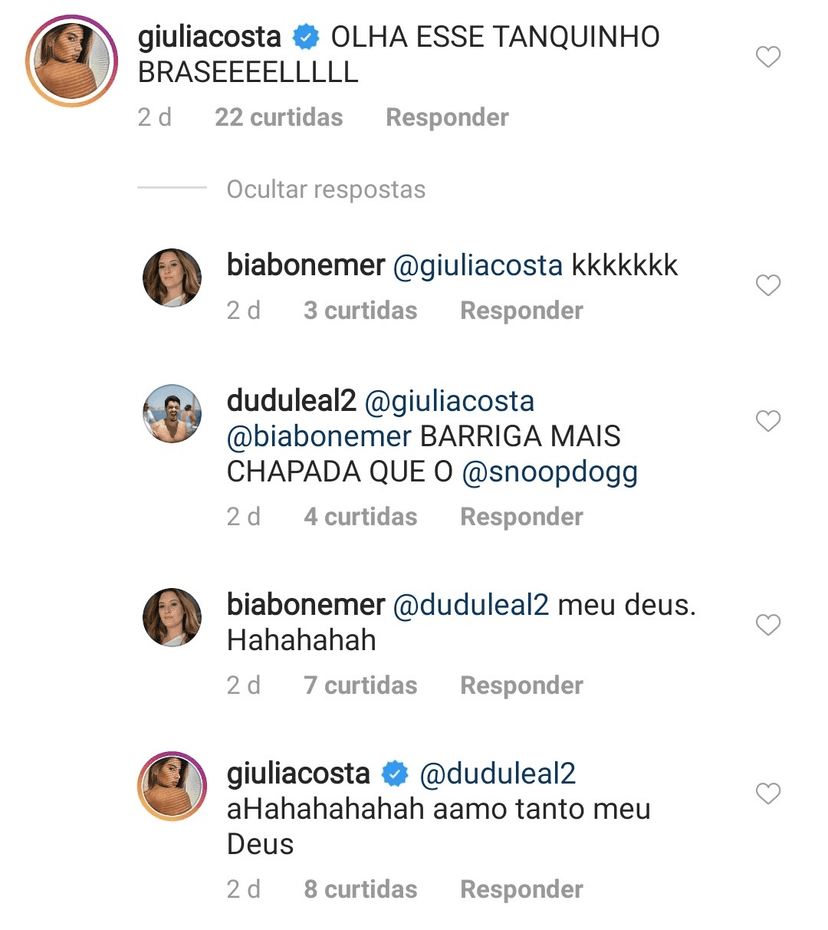 Bia Bonemer recebeu comentários de Giulia Costa em sua última publicação (Foto: reprodução/Instagram) Bia Bonemer recebeu comentários de Giulia Costa em sua última publicação (Foto: reprodução/Instagram)