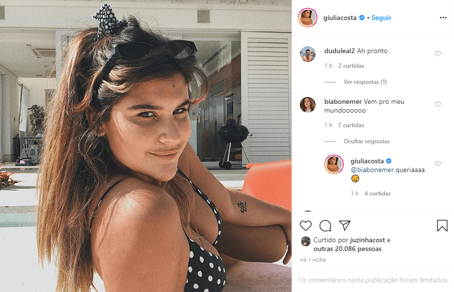 Giulia Costa surgiu postou foto ousada e ganhou comentário de Bia Bonemer (Foto: Reprodução) Giulia Costa surgiu postou foto ousada e ganhou comentário de Bia Bonemer (Foto: Reprodução)