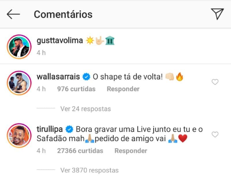 Gusttavo Lima foi colocado na parede por Tirullipa que fez proposta envolvendo Wesley Safadão (Foto: Reprodução/ Instagram) Gusttavo Lima foi colocado na parede por Tirullipa que fez proposta envolvendo Wesley Safadão (Foto: Reprodução/ Instagram)