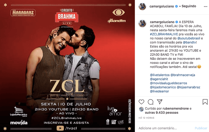 Luciano Camargo anunciou uma nova live com o irmão (Foto: reprodução/Instagram) Luciano Camargo anunciou uma nova live com o irmão (Foto: reprodução/Instagram)