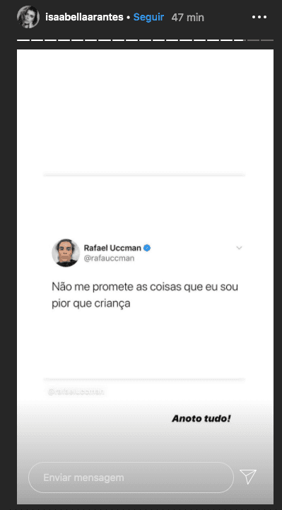 Isabella Arantes, ex-noiva de Zé Felipe em seu stories (Foto: reprodução/Instagram) Isabella Arantes, ex-noiva de Zé Felipe em seu stories (Foto: reprodução/Instagram)