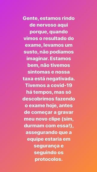 Cantora tranquiliza fãs sobre teste positivo de Covid-19 - (Reprodução/Instagram) Cantora tranquiliza fãs sobre teste positivo de Covid-19 - (Reprodução/Instagram)