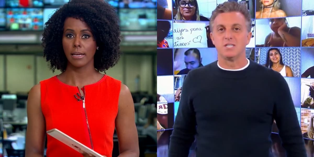 Maju Coutinho no Jornal Hoje e Luciano Huck no Caldeirão; telejornal teve mais audiência que programa (Foto: Reprodução/Globo) Maju Coutinho no Jornal Hoje e Luciano Huck no Caldeirão; telejornal teve mais audiência que programa (Foto: Reprodução/Globo)