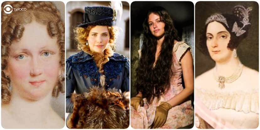 Fotomontagem das pinturas de Domitila e Leopoldina e das atrizes Letícia Colin e Agatha Moreira Fotomontagem das pinturas de Domitila e Leopoldina e das atrizes Letícia Colin e Agatha Moreira